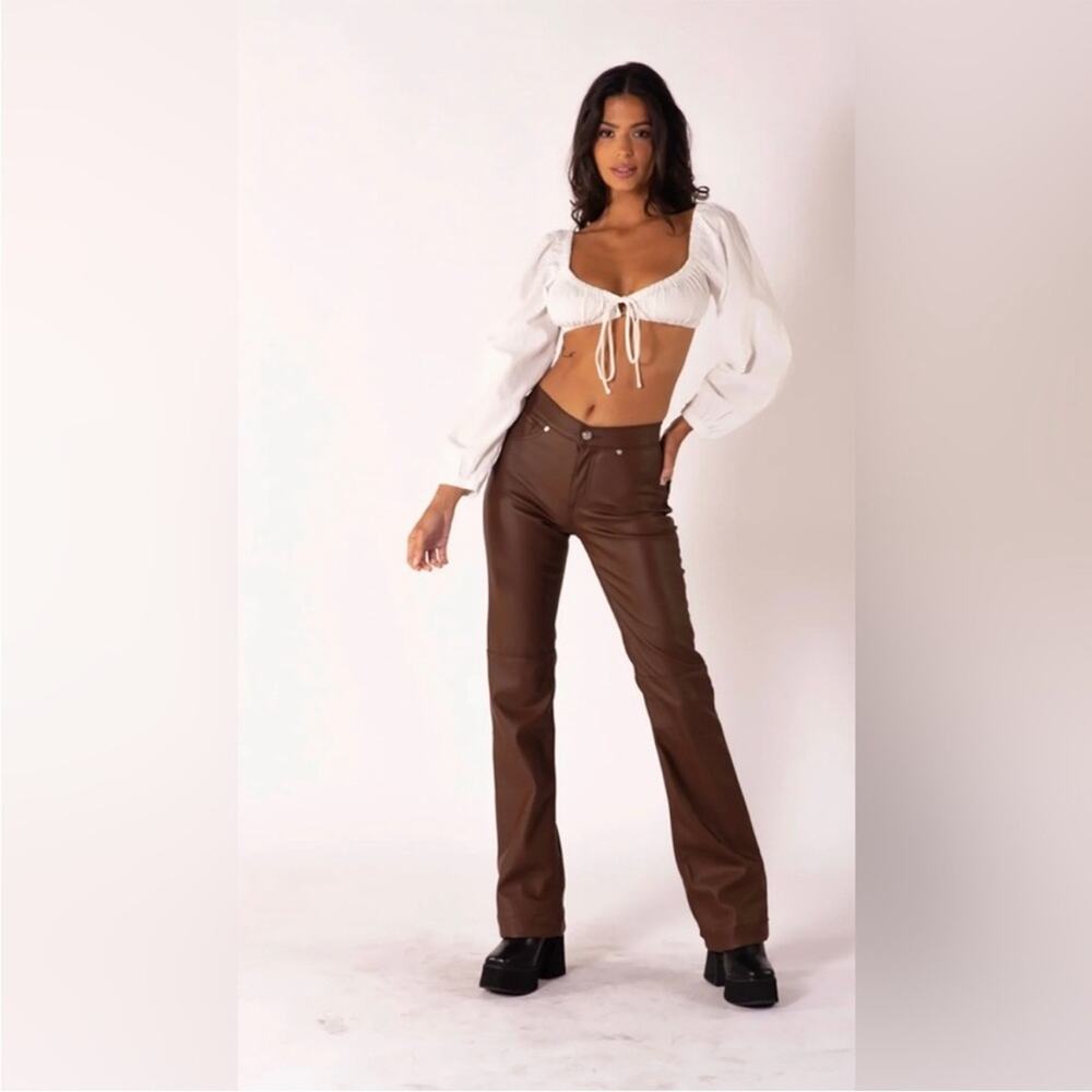 Revive revolve brown faux leather 909 High Street pants straight flare fall